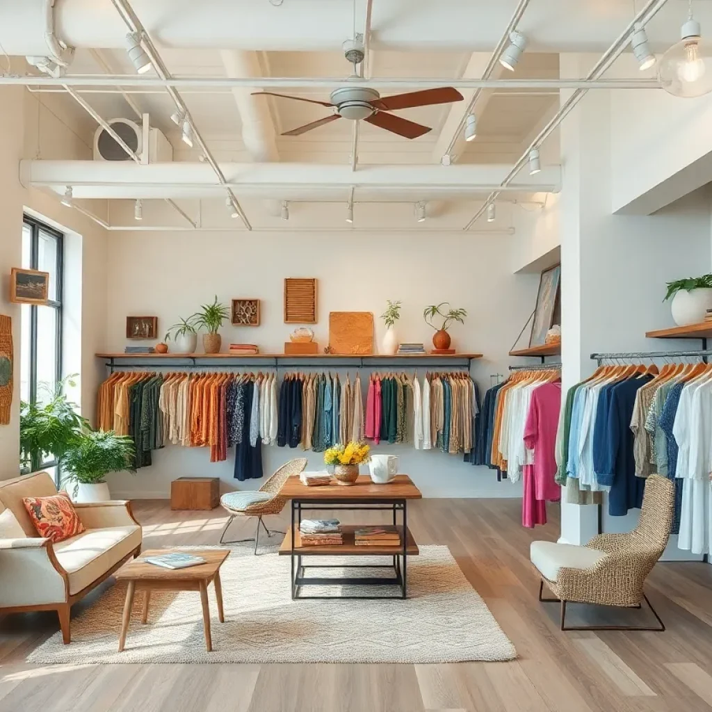Interior view of Reformation's sustainable fashion store in New Orleans, showcasing eco-friendly apparel and vintage furnishings.