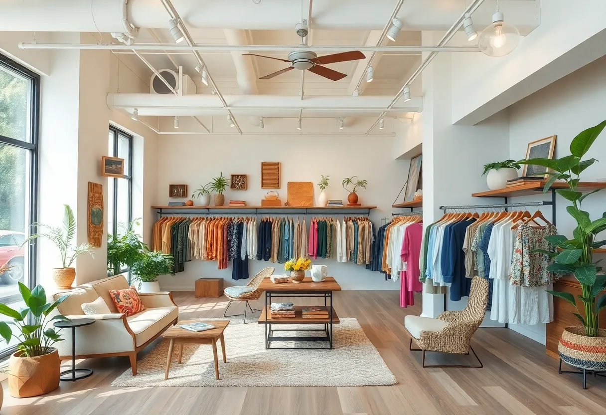 Interior view of Reformation's sustainable fashion store in New Orleans, showcasing eco-friendly apparel and vintage furnishings.