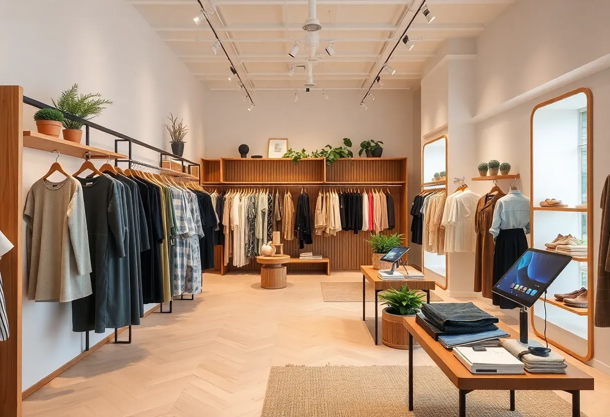Interior view of the Reformation store in New Orleans showcasing sustainable fashion.