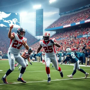 Action shot from the Saints vs Patriots game with players and fans in the Superdome