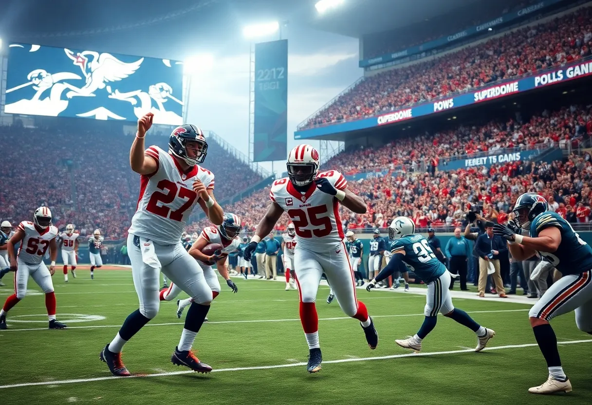 Action shot from the Saints vs Patriots game with players and fans in the Superdome