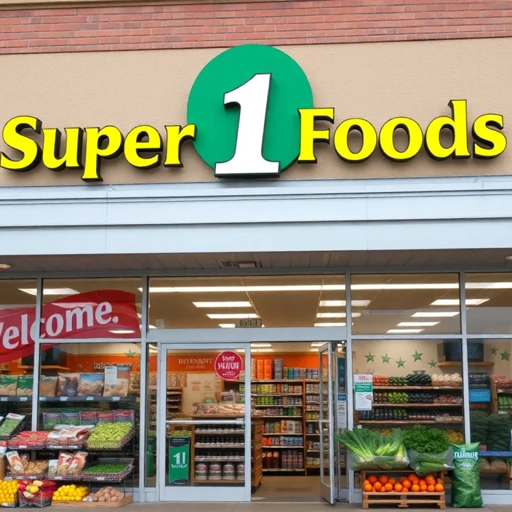 Storefront of Super 1 Foods with fresh produce displays