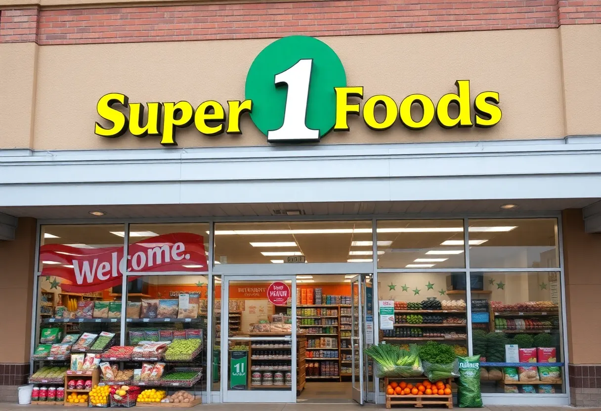 Storefront of Super 1 Foods with fresh produce displays