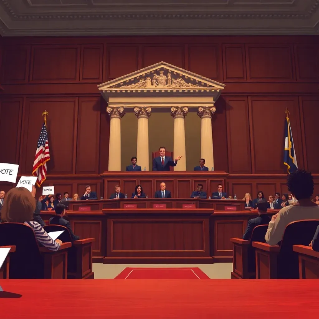 Courtroom scene depicting a Supreme Court hearing on voting rights.
