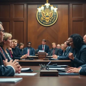 Lawyers in a Supreme Court hearing concerning voting rights.