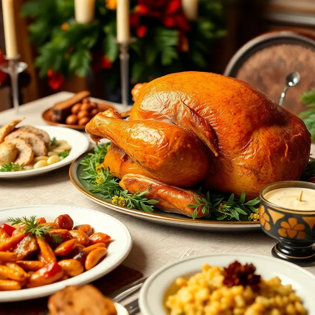 A beautifully set Thanksgiving dining table with a turkey and side dishes.