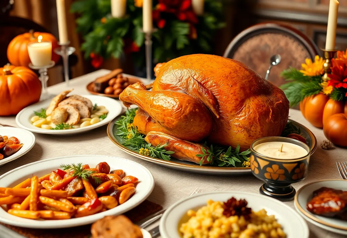A beautifully set Thanksgiving dining table with a turkey and side dishes.