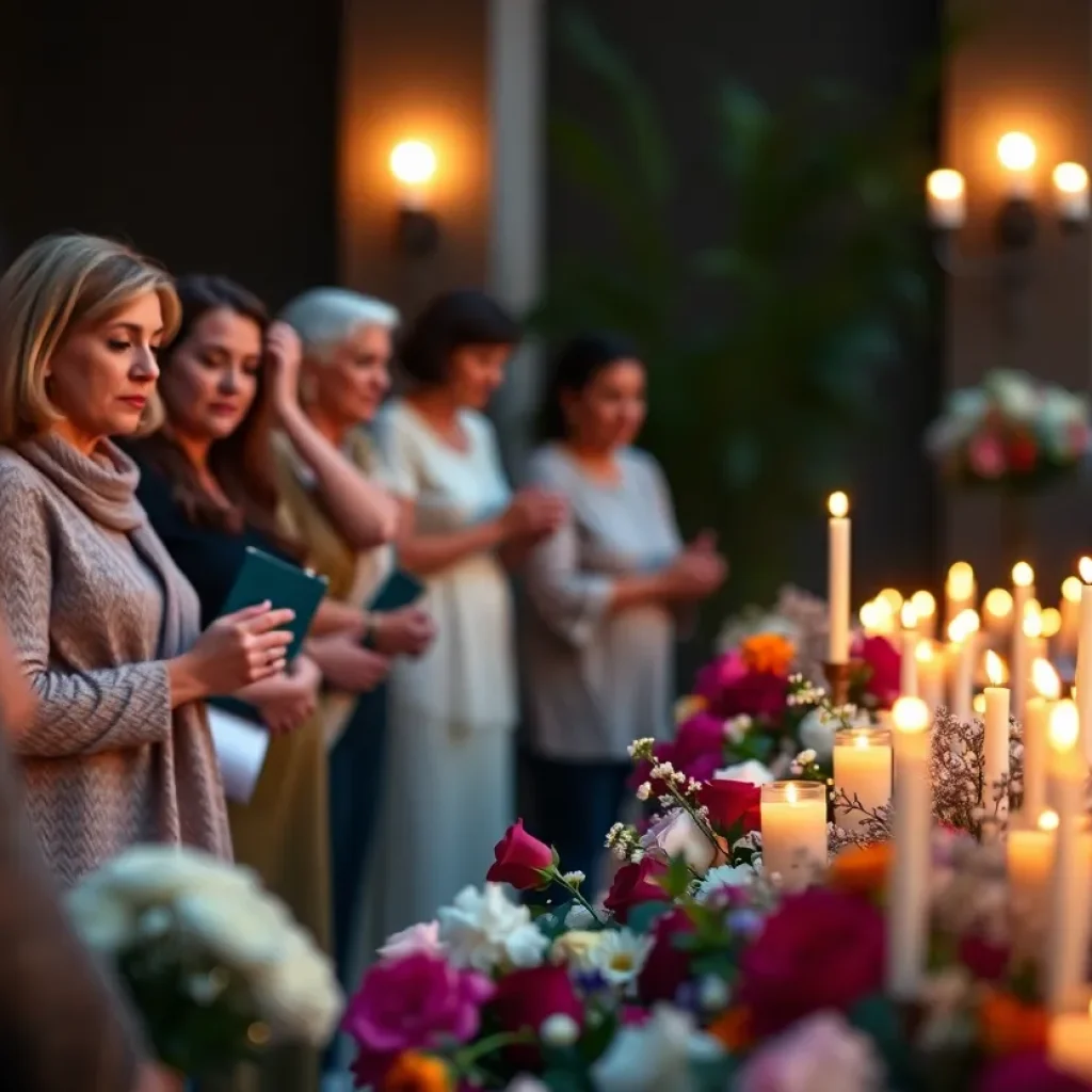 A serene tribute setup in honor of Alice Coig McDonald, featuring flowers and candles.