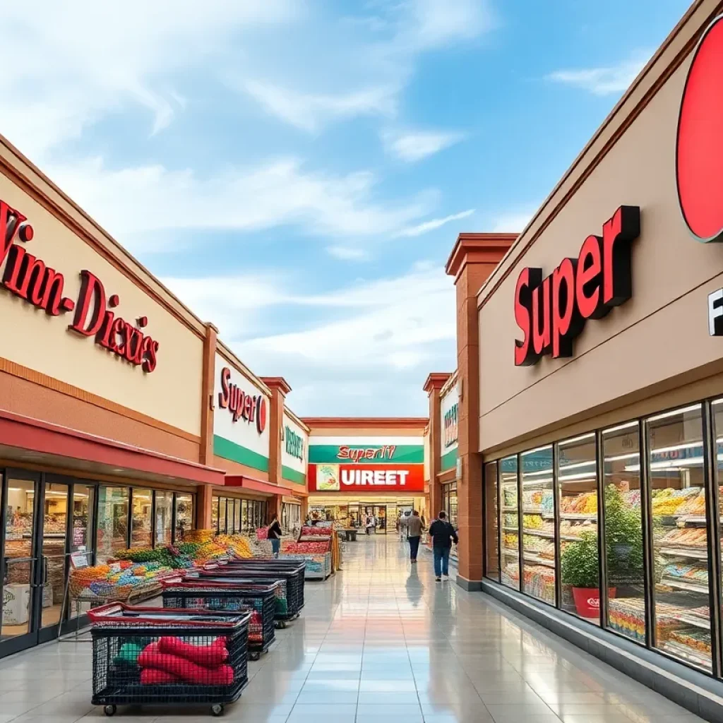 A view of a grocery store with old and new branding during the transition period.