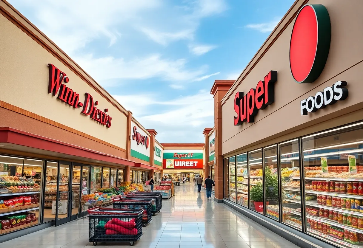 A view of a grocery store with old and new branding during the transition period.